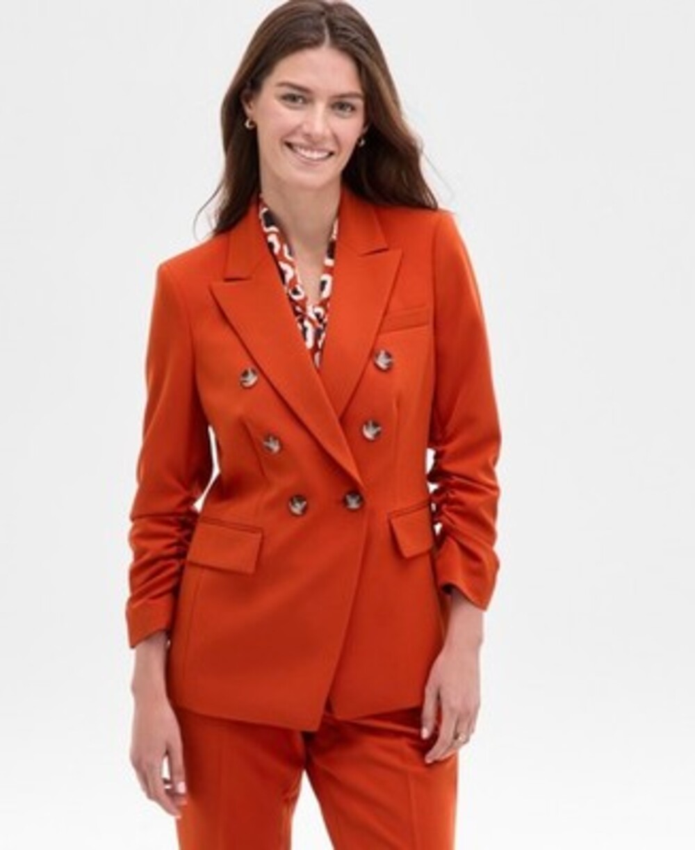 Tahari ASL Double-Breasted Ruched-Sleeve Jacket Women's 12 Persimmon Peak Lapel